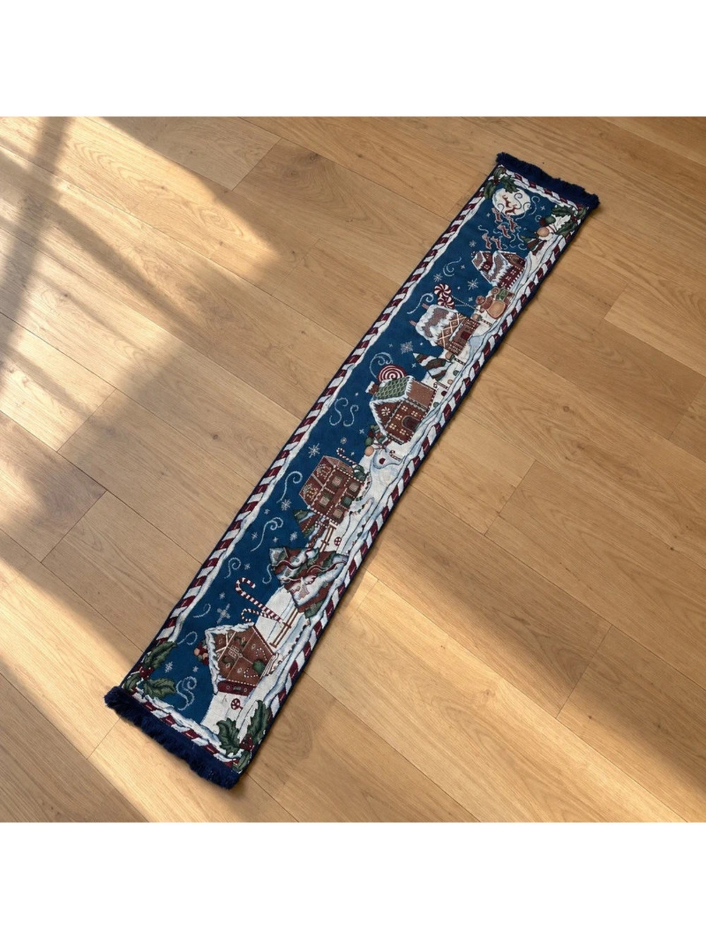 Vintage 90s Christmas Table Runner Gingerbread Village Blue Holiday Tapestry